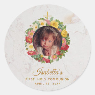 Meisje eerste communie marmeren foto in Roos krans Ronde Sticker