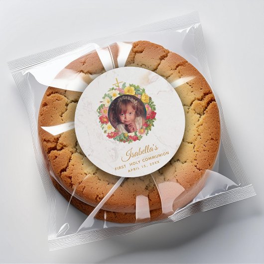 Meisje eerste communie marmeren foto in Roos krans Ronde Sticker