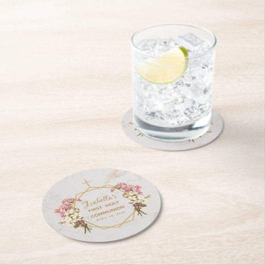 Meisje Eerste Communie Marmeren Roze Orchidee Goud Ronde Kartonnen Onderzetter (Insitu)
