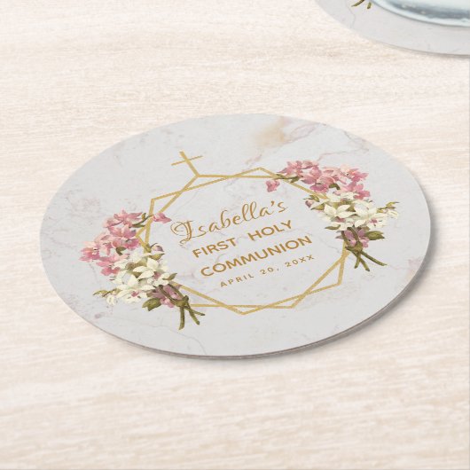 Meisje Eerste Communie Marmeren Roze Orchidee Goud Ronde Kartonnen Onderzetter (Gebogen)