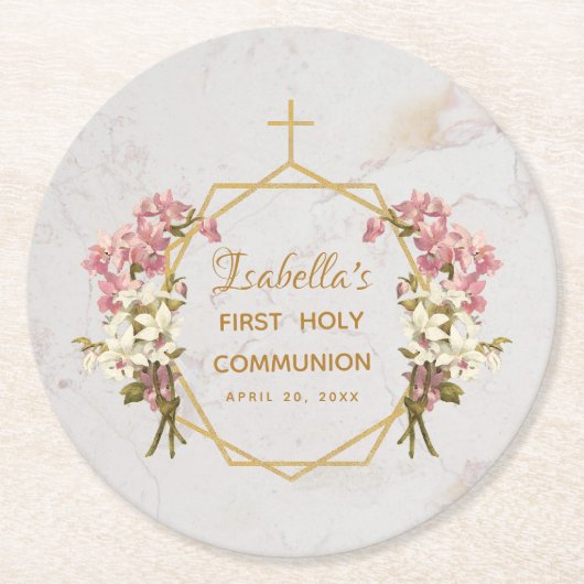 Meisje Eerste Communie Marmeren Roze Orchidee Goud Ronde Kartonnen Onderzetter (Voorkant)