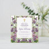 Meisje Eerste Communie Paarse Groene Violets Bloem Kaart (Staand voorkant)