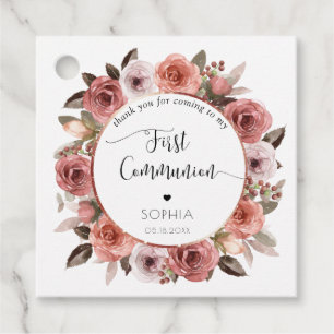 Meisje Eerste Communie Roos Goud, Blush Floral Bedankjes Labels