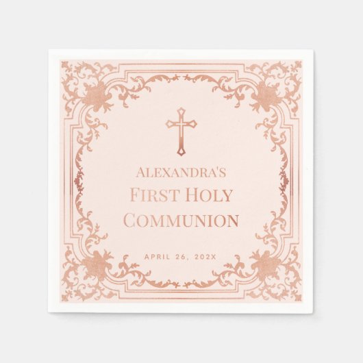 Meisje eerste communie Roos gouden kruis blush roz Servet (Voorkant)