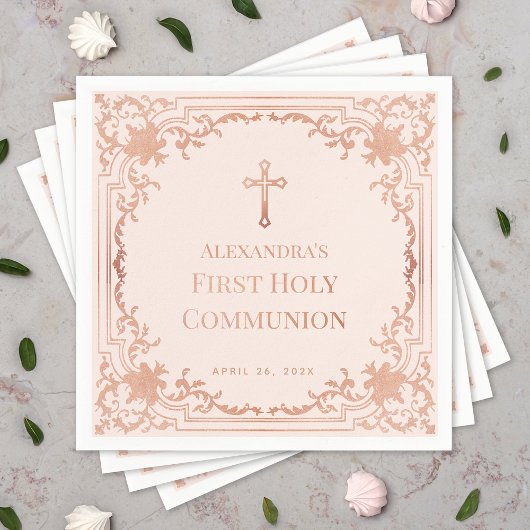 Meisje eerste communie Roos gouden kruis blush roz Servet