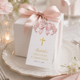 Meisje Eerste Communie Roze Bloem Boog & Gouden Kr Cadeaulabel