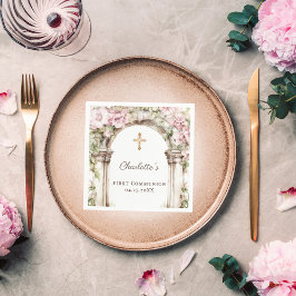Meisje Eerste Communie Roze Bloemen Boog Gouden Kr Servet
