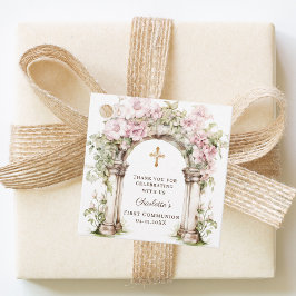 Meisje Eerste Communie Roze Bloemen Boog Kruis Bedankjes Labels