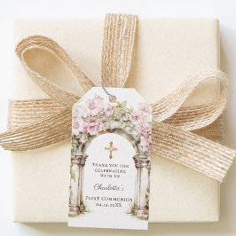 Meisje Eerste Communie Roze Bloemen Boog Kruis Cadeaulabel