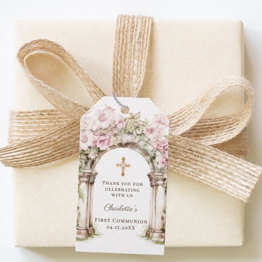 Meisje Eerste Communie Roze Bloemen Boog Kruis Cadeaulabel