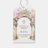 Meisje Eerste Communie Roze Bloemen Boog Kruis Cadeaulabel (Voorkant)