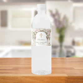 Meisje Eerste Communie Roze Bloemen Boog Kruis Waterfles Etiket
