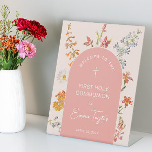 Meisje Eerste Communie Roze Boog Bloemen Wilde Blo Reclamebord Met Voetstuk