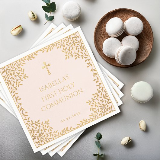Meisje Eerste Communie Roze Faux Gold Bladeren Servet