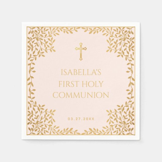 Meisje Eerste Communie Roze Faux Gold Bladeren Servet (Voorkant)