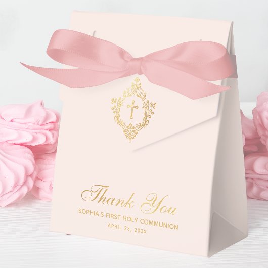 Meisje Eerste Communie Roze Faux Gold Crest Bedankdoosjes