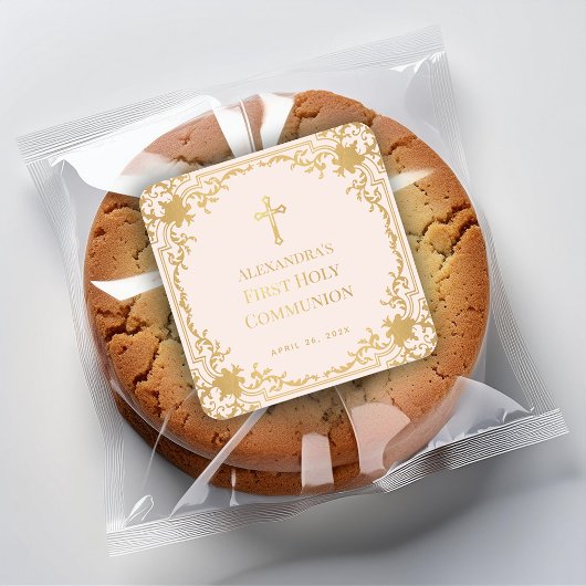 Meisje Eerste Communie Roze Faux Gold   Vierkante Sticker