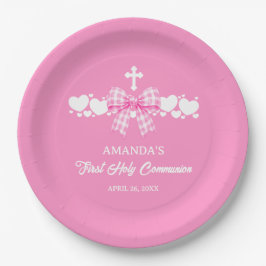 Meisje Eerste Communie Roze Gingham Strik Papieren Bordje