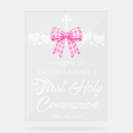 Meisje Eerste Communie Roze Gingham Strik Welkom Acryl Bord