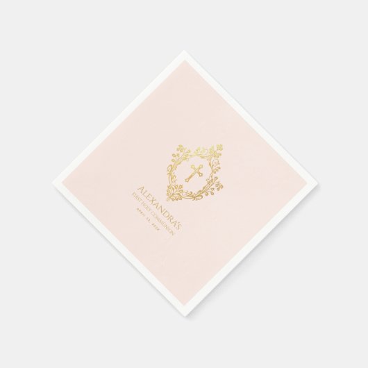 Meisje Eerste Communie Roze Gouden Kruis Crest Servet (Hoek)