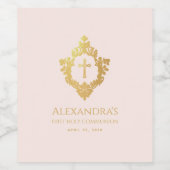 Meisje Eerste Communie Roze Gouden Kruis  Crest Wijn Etiket (Enkel label)