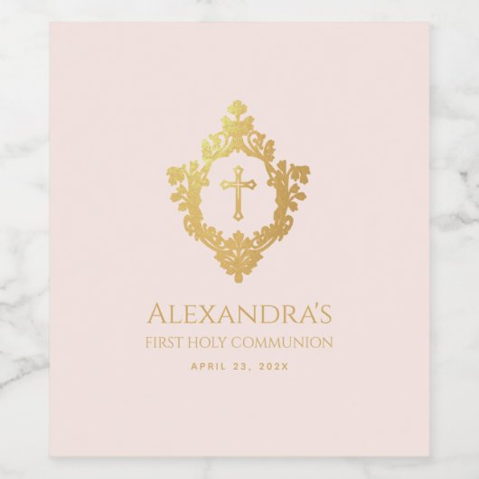 Meisje Eerste Communie Roze Gouden Kruis  Crest Wijn Etiket (Enkel label)