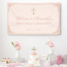 Meisje Eerste Communie Roze Gouden Kruis Vintage