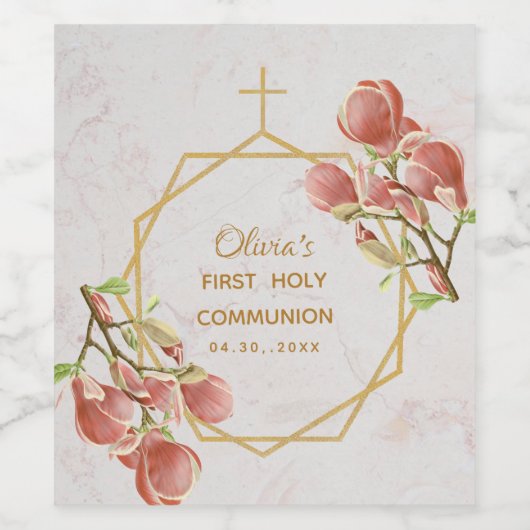 Meisje eerste communie roze magnolia marmer goud wijn etiket (Enkel label)