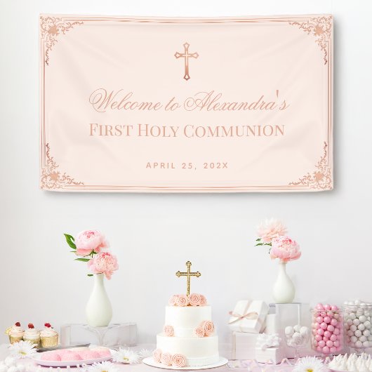 Meisje Eerste Communie Roze Rose Gold Cross  Spandoek