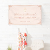 Meisje Eerste Communie Roze Rose Gold Cross  Spandoek (Insitu)