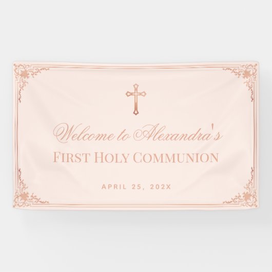 Meisje Eerste Communie Roze Rose Gold Cross  Spandoek (Horizontaal)