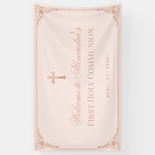 Meisje Eerste Communie Roze Rose Gold Cross  Spandoek (Verticaal)