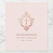 Meisje Eerste Communie Roze Rose Goud Crest Wijn Etiket (Enkel label)