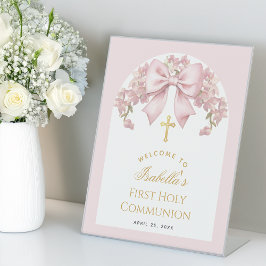 Meisje Eerste Communie Roze Strik Bloem Boog Welko Reclamebord Met Voetstuk