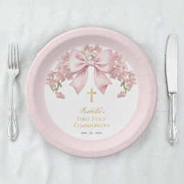 Meisje Eerste Communie Roze Strik Bloemen & Gouden Papieren Bordje