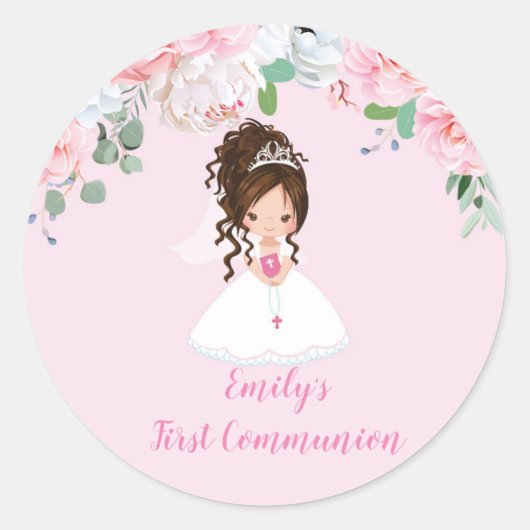 Meisje Eerste Communie Stickers, Brunette Updo Ronde Sticker (Voorkant)