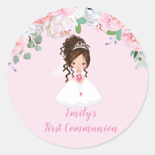 Meisje Eerste Communie Stickers, Brunette Updo Ronde Sticker