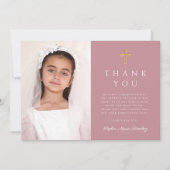 Meisje Eerste Communie Stof Roze Kruis Foto Bedankkaart (Voorkant)