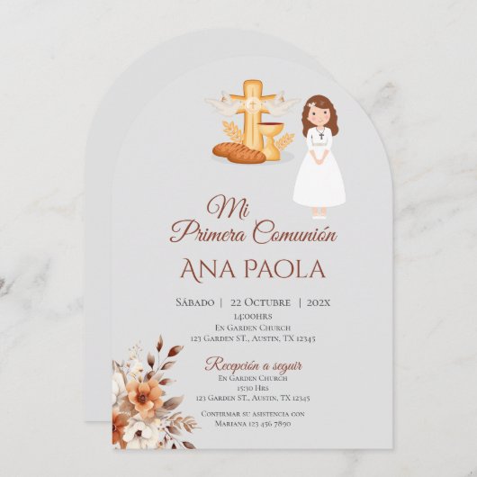 Meisje Eerste Communie Uitnodiging in het Spaans B (Voorkant / Achterkant)