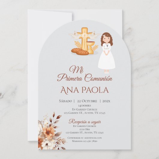 Meisje Eerste Communie Uitnodiging in het Spaans B (Voorkant)