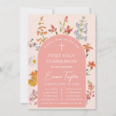 Meisje Eerste Communie Wildflowers Roze Boog Bloem Kaart (Voorkant)