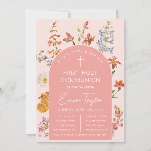 Meisje Eerste Communie Wildflowers Roze Boog Bloem Kaart (Voorkant)