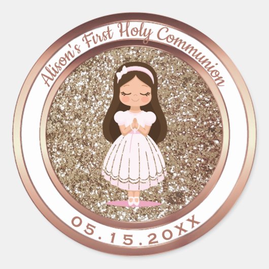 Meisje Eerste Heilige Communie Metallic en Glitter Ronde Sticker (Voorkant)