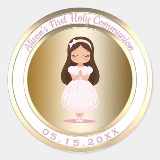 Meisje Eerste Heilige Communie Metallic Goud en Ro Ronde Sticker (Voorkant)