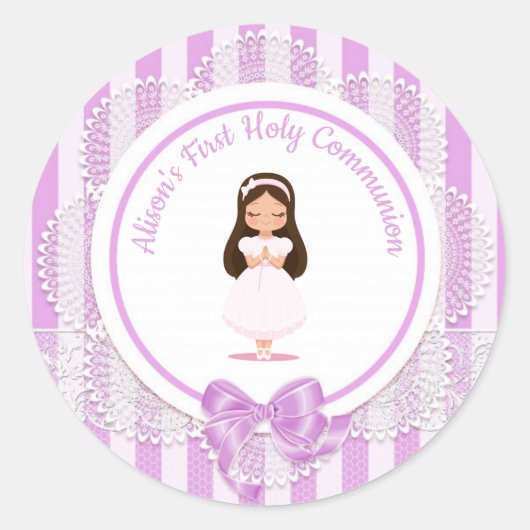 Meisje Eerste Heilige Communie Paarse Kant Ronde Sticker (Voorkant)
