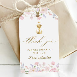 Meisje eerste heilige communie pastel bloemen cadeaulabel
