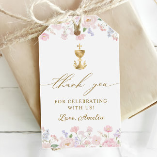 Meisje eerste heilige communie pastel bloemen cadeaulabel