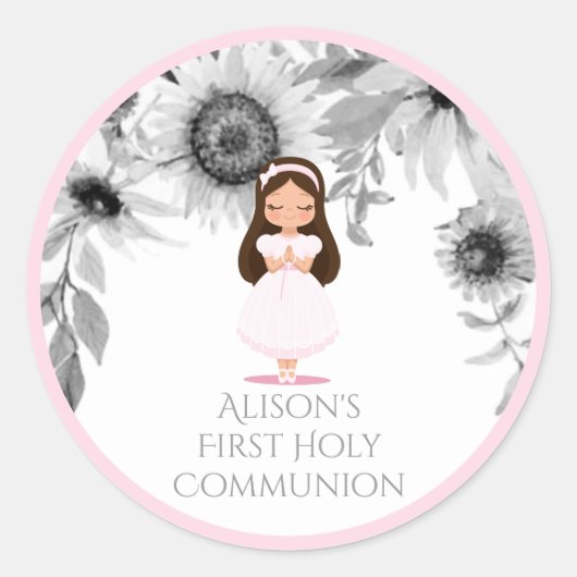Meisje eerste heilige communie roze bloemen ronde sticker (Voorkant)
