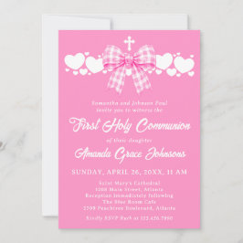 Meisje Eerste Heilige Communie Roze Gingham Strik Kaart