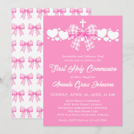 Meisje Eerste Heilige Communie Roze Gingham Strik Kaart